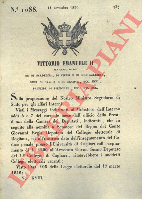 Regio Decreto - con cui si convoca il collegio elettorale di Cagliari per l'elezione del nuovo deputato.