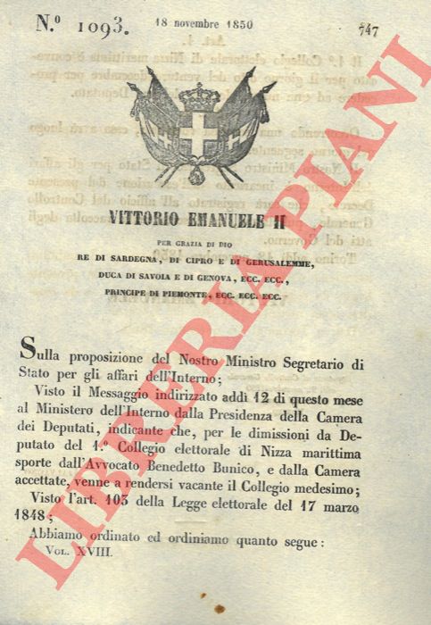Regio Decreto - con cui si convoca il collegio elettorale di Nizza marittima per l'elezione del nuovo deputato.