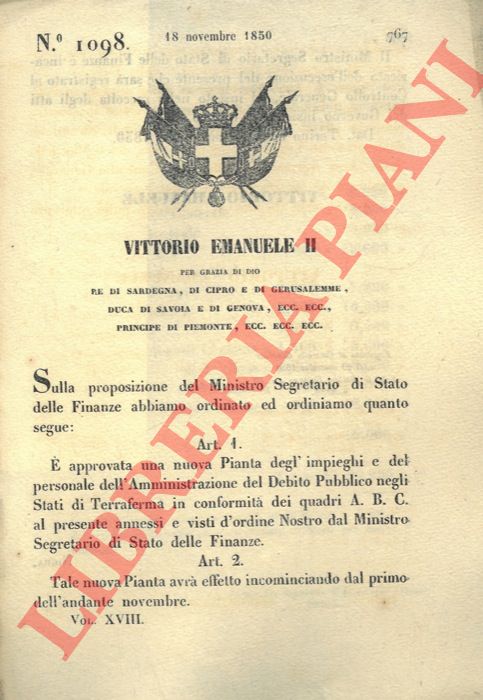 Regio Decreto - con cui si approva una nuova pianata degli impieghi e del personale dell'Amministrazione del Debito Pubblico.