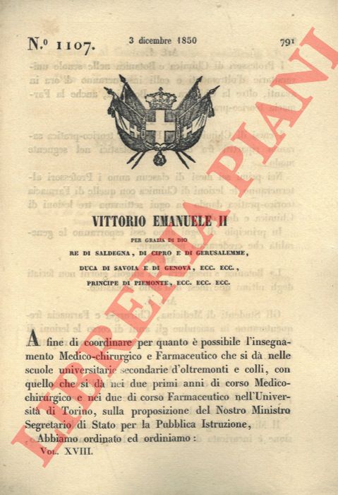 Regio Decreto - con cui si decide che i Professori di Chimica e Botanica insegneranno anche la Farmacia teorico-pratica.