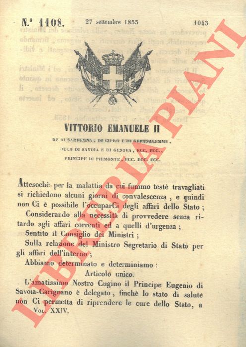 Regio Decreto - che delega al Principe Eugenio le funzioni del Re momentanemente ammalato.