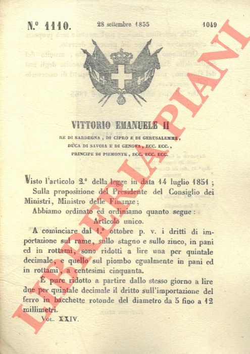 Regio Decreto - che riduce i diritti d'importazione sul rame, sullo stagno e sullo zinco.