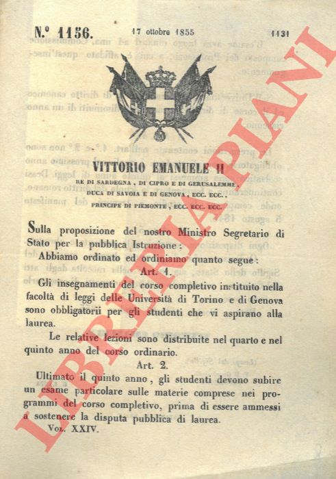 Regio Decreto - relativo alle facolt di legge delle Universit di Torino e di Genova.