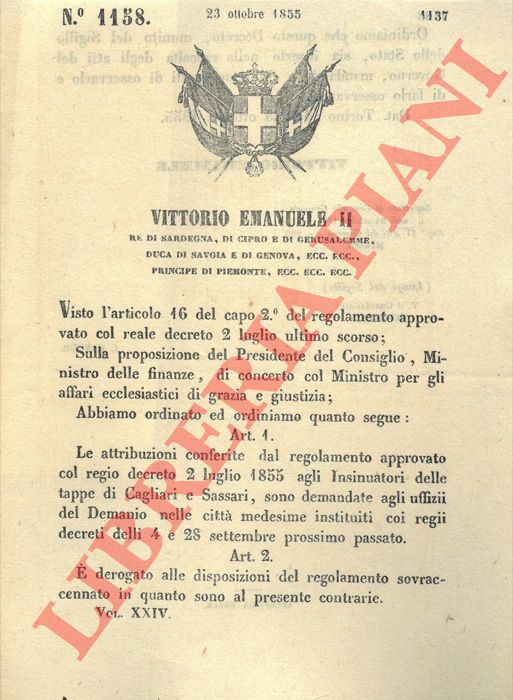 Regio Decreto - relativo alle attribuzione approvate nel precedente regolamento agli Insinuatori delle tappe di Cagliari e Sassari.
