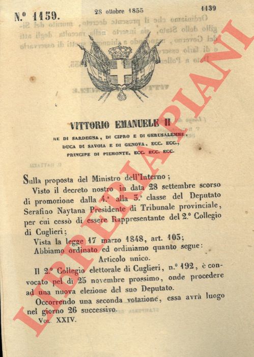 Regio Decreto - che convoca  il 2 collegio elettorale di Cuglieri.