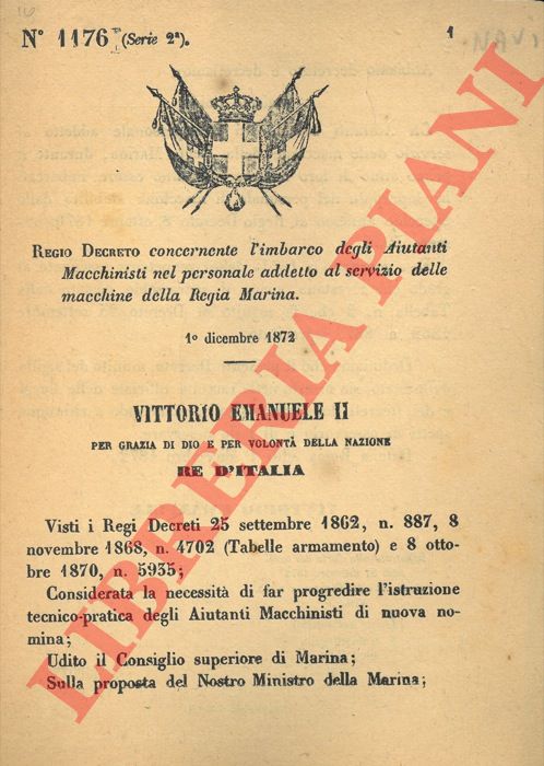 Regio Decreto - concernente l'imbarco degli Aiutanti Macchinisti nel personale addetto al servizio delle macchine della Regia Marina.