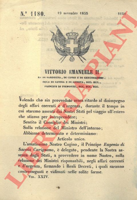 Regio Decreto - che autorizza il Principe Eugenio di Savoia a sostituire il Re causa Sua assenza dagli Stati.
