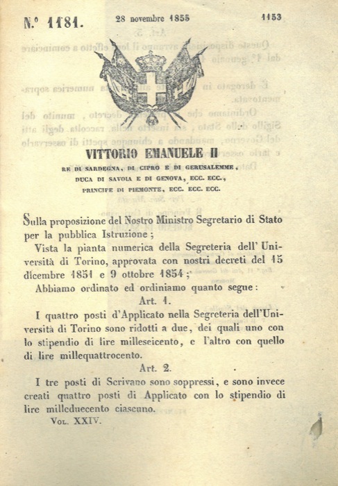 Regio Decreto - che modifica la pianta numerica della Segreteria dell'Universit di Torino.