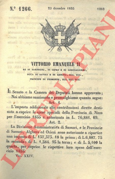 Regio Decreto - che autorizza l'imposta addizionale alle contribuzioni per le spese speciali della provincia di Nizza.