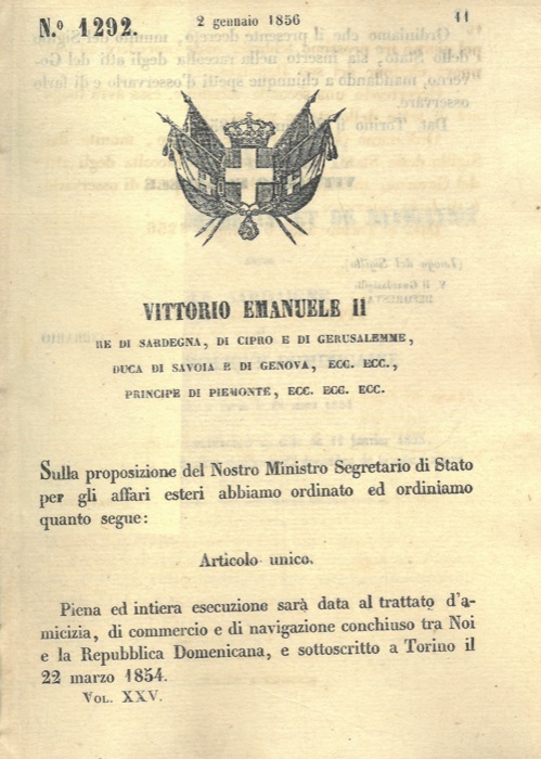 Regio Decreto - con cui si d piena esecuzione al Trattato di navigazione tra la Sardegna e la Repubblica Dominicana.