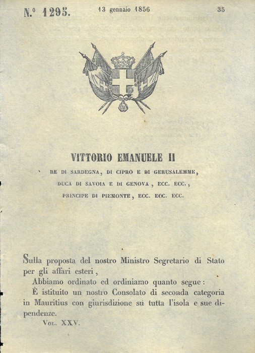 Regio Decreto - con cui si decide l'istituzione di un nuovo consolato a Mauritius.