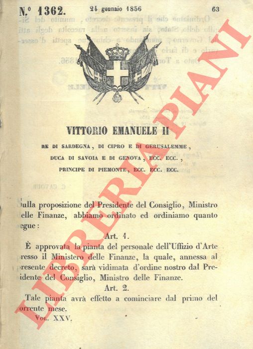Regio Decreto - con cui si approva la pianta del personale dell'Ufficio d'Arte presso il Ministero delle Finanze.
