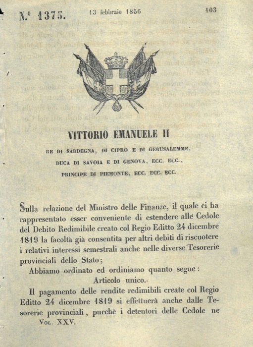 Regio Decreto - con cui stabilisce che il pagamento dele rendite redimibili si effettuer anche dalle tesorierie provinciali.