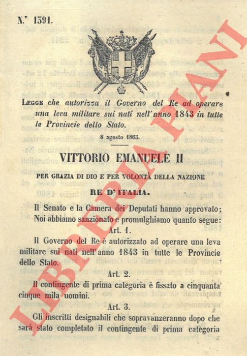 Legge - che autorizza il Governo ad operare una leva militare sui nati nel 1843 in tutto lo stato