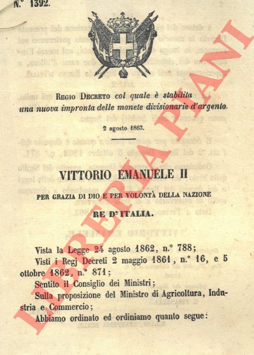 Regio Decreto - col quale  stabilita una nuova impronta per le monete d'argento