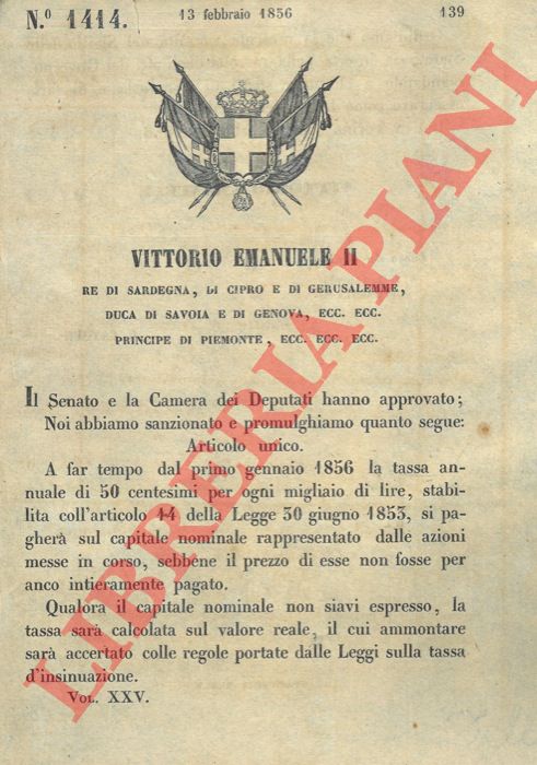 Regio Decreto - con cui si erogano disposizioni sulla tassa annuale che si pagher sul capitale nominale delle azioni in corso.