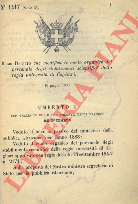 Regio Decreto - che modifica il ruolo organico del personale degli stabilimenti scientifici dell'Universit di Cagliari.