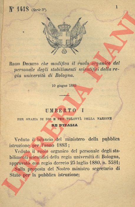 Regio Decreto - che modifica il ruolo organico del personale degli stabilimenti scientifici dell'Universit di Bologna.