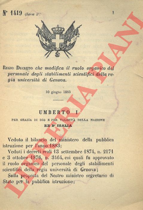 Regio Decreto - che modifica il ruolo organico del personale degli stabilimenti scientifici dell'Universit di Genova.