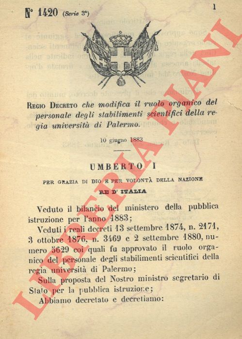 Regio Decreto - che modifica il ruolo organico del personale degli stabilimenti scientifici dell'Universit di Palermo.