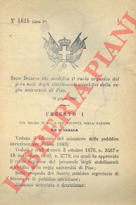 Regio Decreto - che modifica il ruolo organico del personale degli stabilimenti scientifici dell'Universit di Pisa.