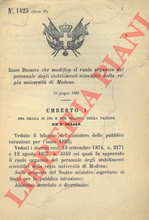 Regio Decreto1426 - che modifica il ruolo organico del personale degli stabilimenti scientifici dell'Universit di Modena.
