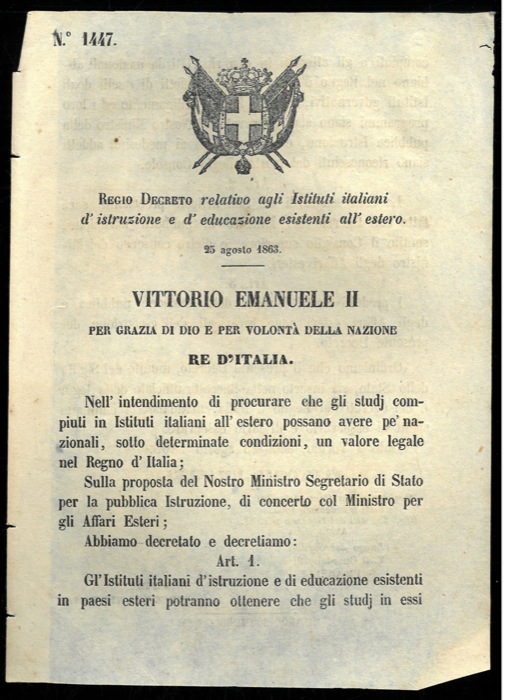 Regio Decreto - relativo agli istituti italiani d'istruzione e d'educazione esistenti all'estero.