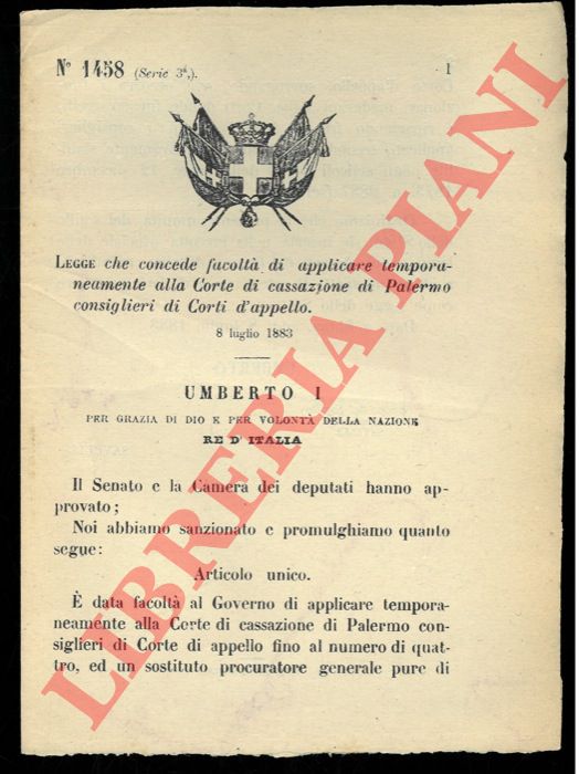 Legge - che concede facolt di applicare temporaneamente alla Corte di cassazione di Palermo consiglieri di Corti d'appello.