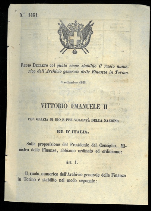 Regio Decreto - co quale viene stabilito il ruolo numerico dell'archivio generale delle Finanze di Torino.
