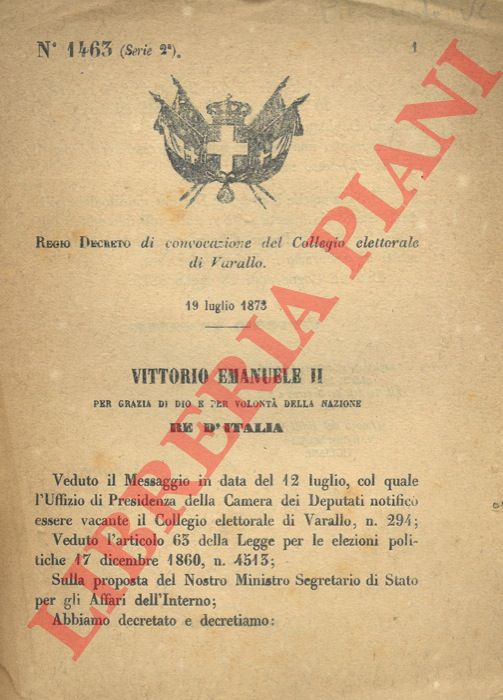 Regio Decreto - di convocazione del Collegio elettorale di Varallo.