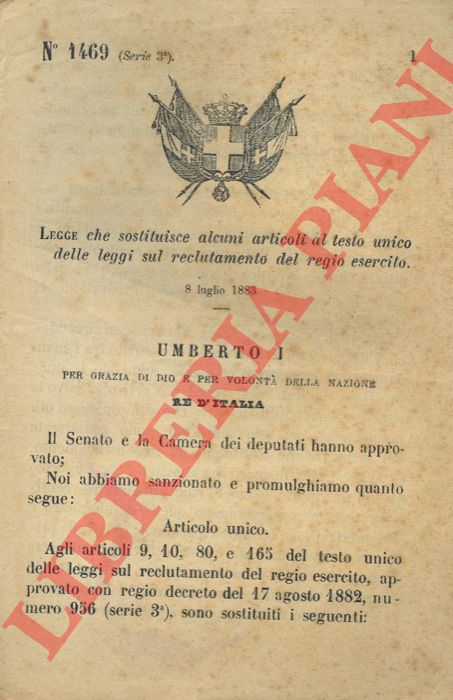 Legge - che sostituisce alcuni articoli al testo unico delle leggi sul reclutamento del regio esercito.