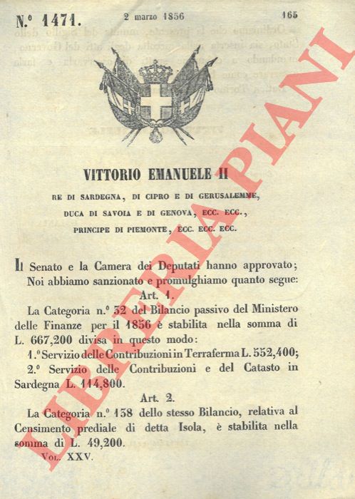 Regio Decreto - con cui si erogano disposizioni sulle categorie del Bilancio passivo del Ministero delle Finanze.