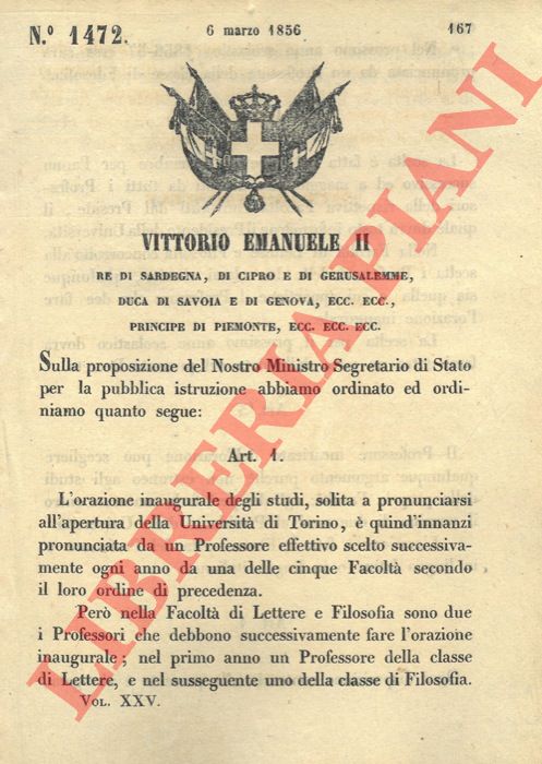 Regio Decreto - sull'orazione inaugurale degli studi in occasione dell'apertura dell'Universit di Torino.