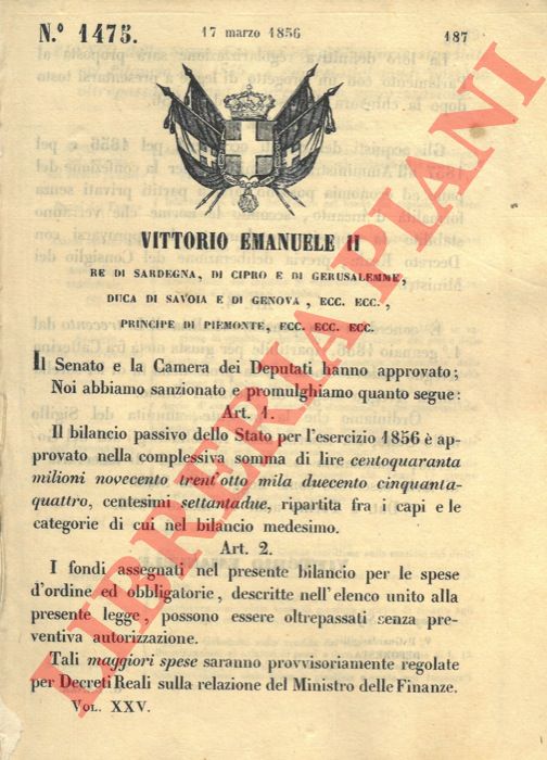 Regio Decreto - con cui si approva il Bilancio passivo dello Stato per l'esercizio 1856.