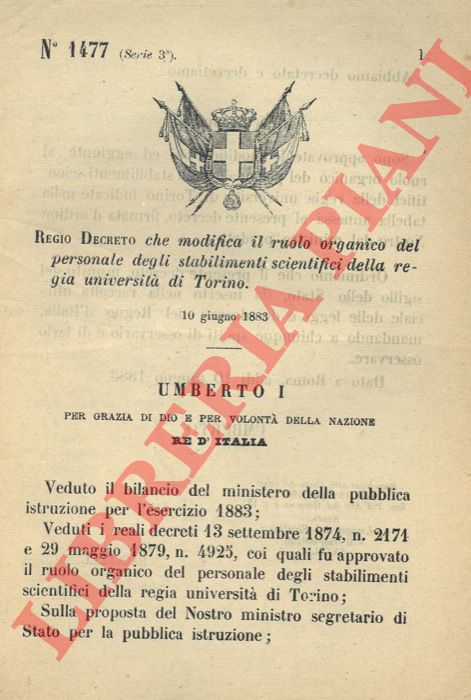 Regio Decreto - che modifica il ruolo organico del personale degli stabilimenti scientifici della Regia Universit di Torino.