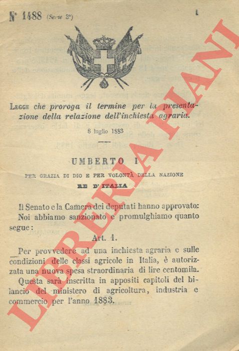 Legge - che proroga il termine per la presentazione della relazione dell'inchiesta agraria.