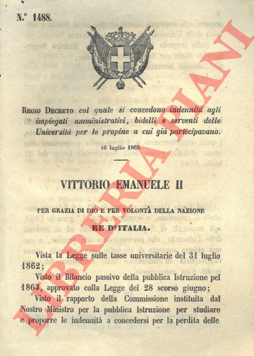 Regio Decreto - con cui si concedono indennit ai vari impiegati delle Universit.
