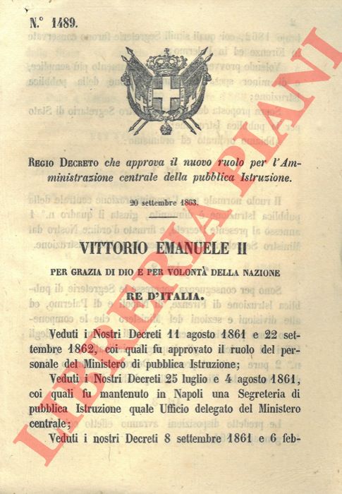 Regio Decreto - che approva il nuovo ruolo per l'amministrazione centrale della pubblica istruzione.