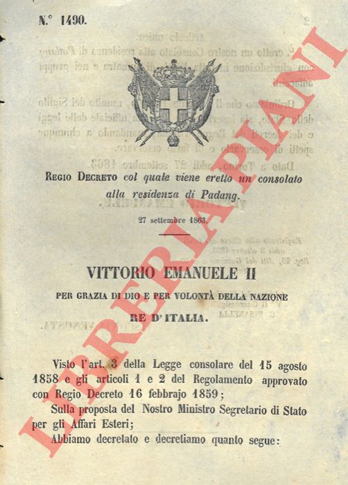 Regio Decreto - con cui si decide di istituire un Consolato a Padang.