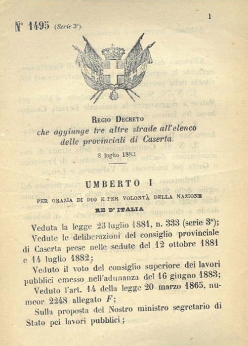 Regio Decreto - che aggiunge tre altre strade all'elenco delle provinciali di Caserta.