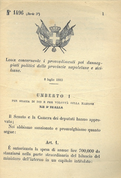 Legge - concernente i provvedimenti pei danneggiati politici delle provincie napoletane e siciliane.