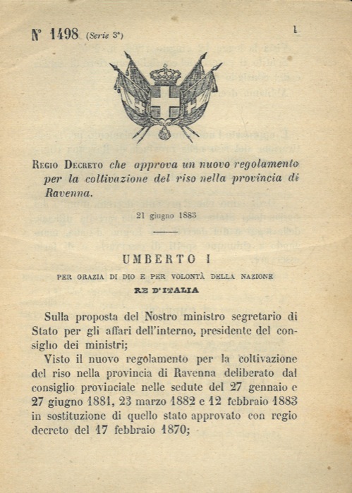 Regio Decreto - che approva un nuovo regolamento per la coltivazione del riso nella provincia di Ravenna.