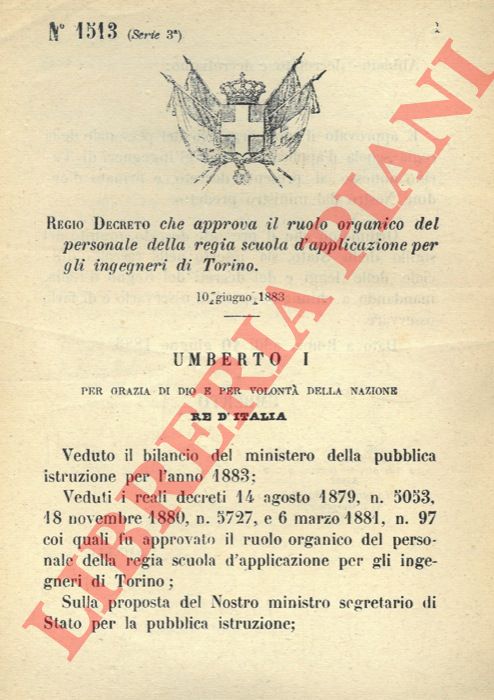 Regio Decreto - che approva il ruolo organico del personale della regia scuola d'applicazione per gli ingegneri di Torino.