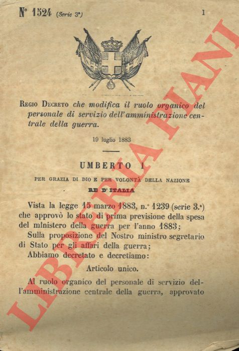 Regio Decreto - che modifica il ruolo organico del personale di servizio dell'amministrazione centrale della guerra.