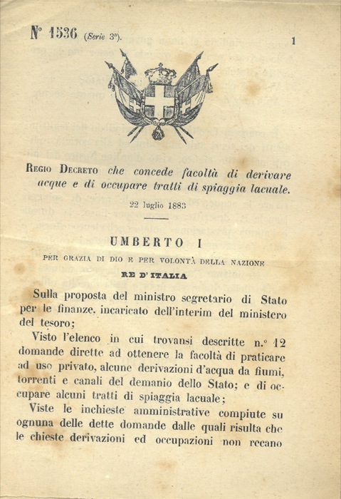 Regio Decreto - che concede facolt di derivare acque e di occupare tratti di spiaggia lacuale.