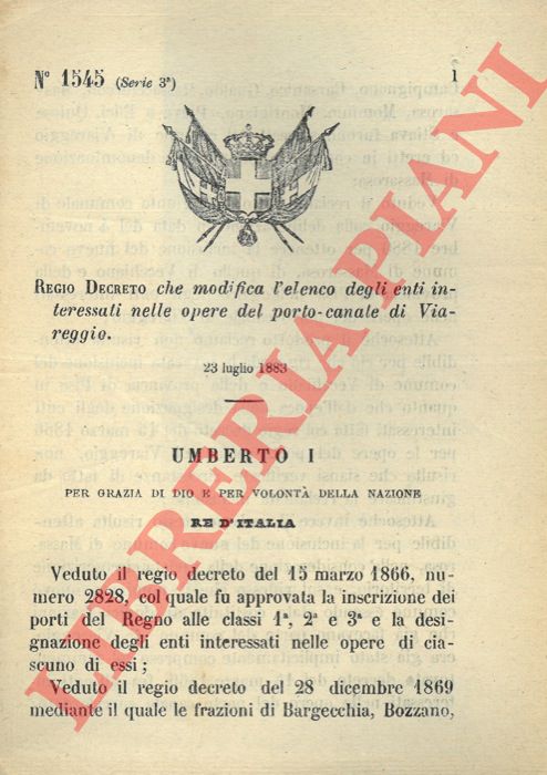 Regio Decreto - che modifica l'elenco degli enti interessati nelle opere del porto-canale di Viareggio.
