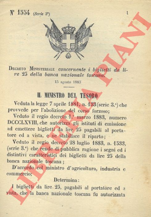 Decreto Ministeriale - concernente i biglietti da lire 25 della banca nazionale toscana.