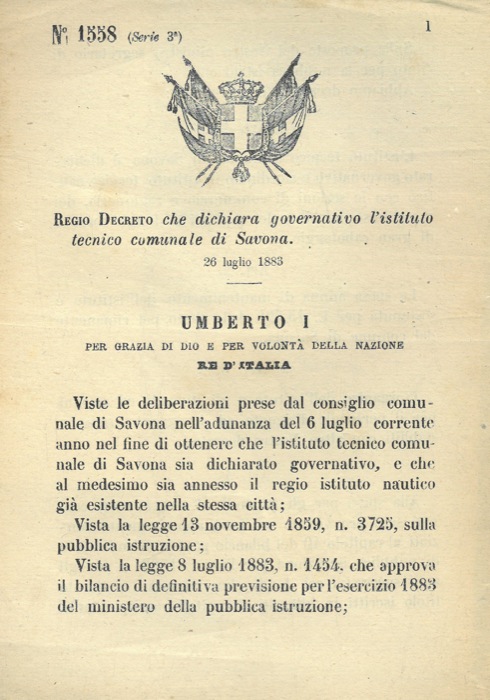 Regio Decreto - che dichiara governativo l'istituto tecnico comunale di Savona.