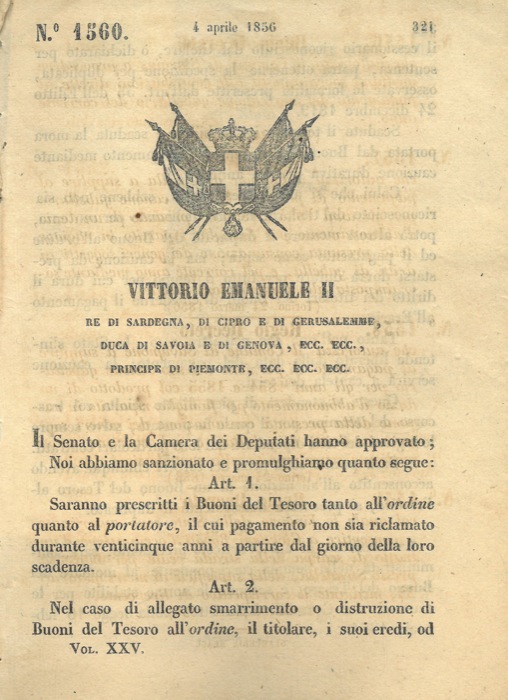 Regio Decreto - con cui si decide che i buoni del tesoro saranno prescritti all'ordine e al portatore.