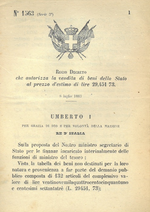 Regio Decreto - che autorizza la vendita di beni dello Stato al prezzo d'estimo di lire 29,451 73.